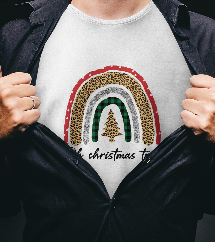 Oh Christmas Tree Leopard Plaid Rainbow T-Shirt