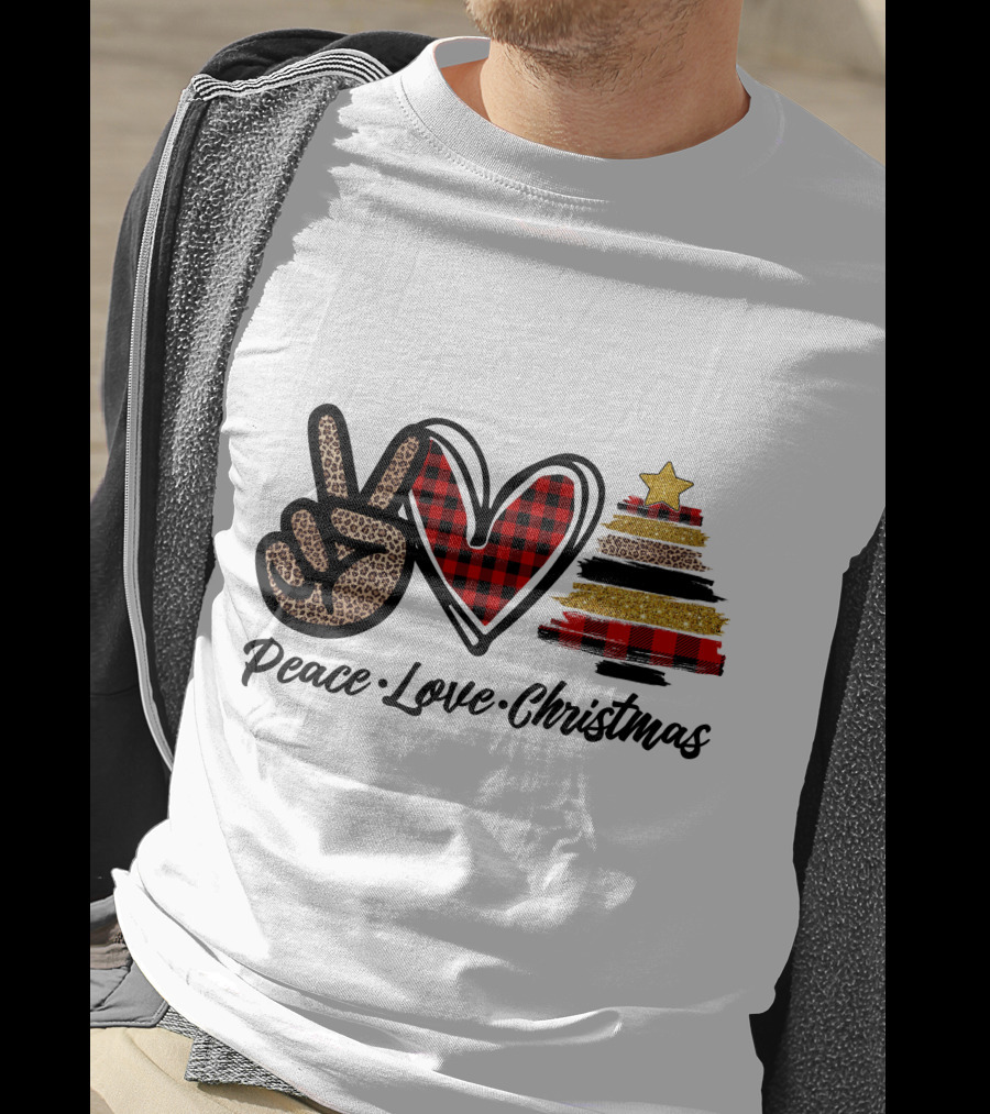 Peace Love Christmas Leopard Plaid Tree Star T-Shirt