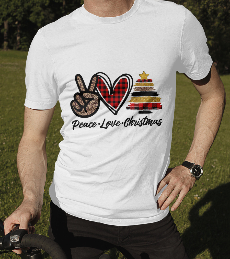 Peace Love Christmas Leopard Plaid Tree Star T-Shirt