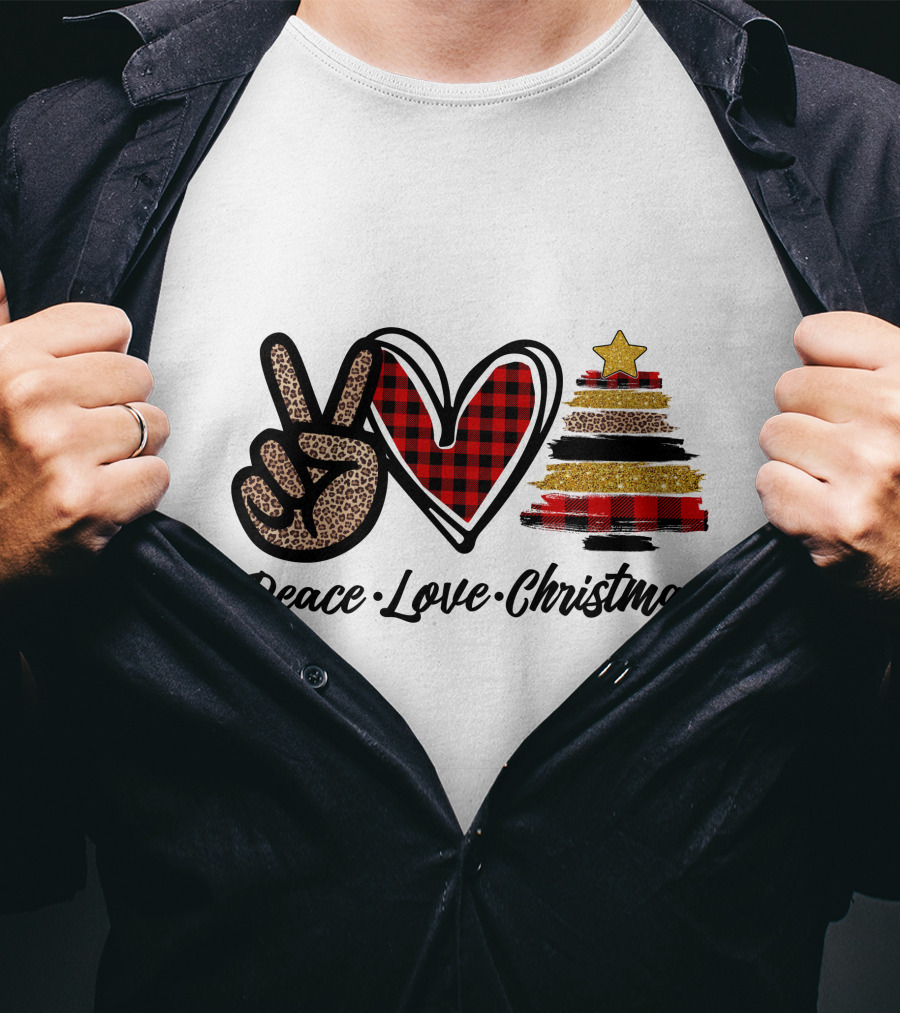 Peace Love Christmas Leopard Plaid Tree Star T-Shirt
