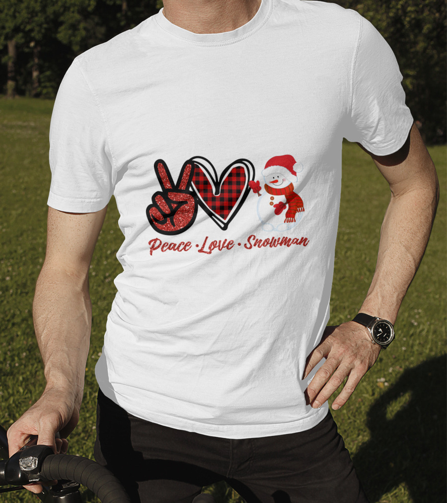 Peace Love Snowman Plaid Heart Glitter Peace Sign T-Shirt
