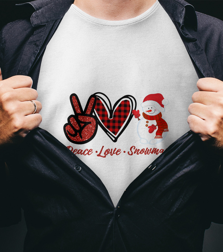 Peace Love Snowman Plaid Heart Glitter Peace Sign T-Shirt