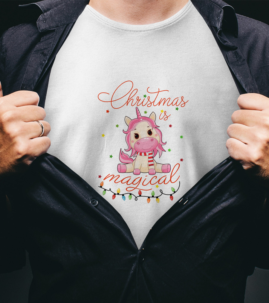 Christmas Is Magical Unicorn With Festive Lights And Stars T-Shirt