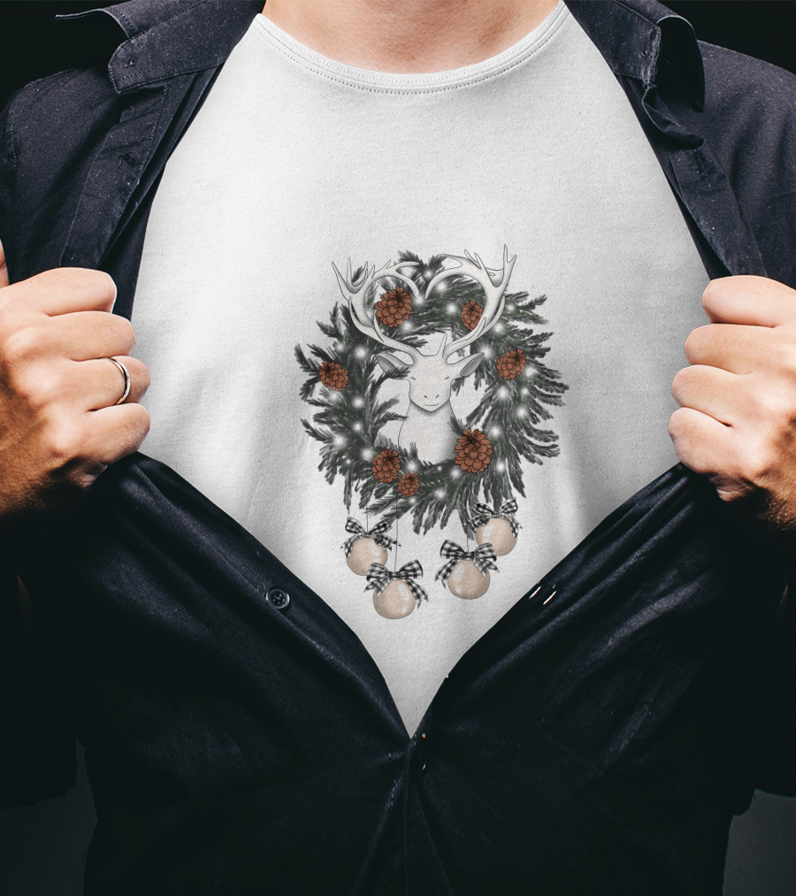 Christmas Wreath With Deer And Pine Cones T-Shirt