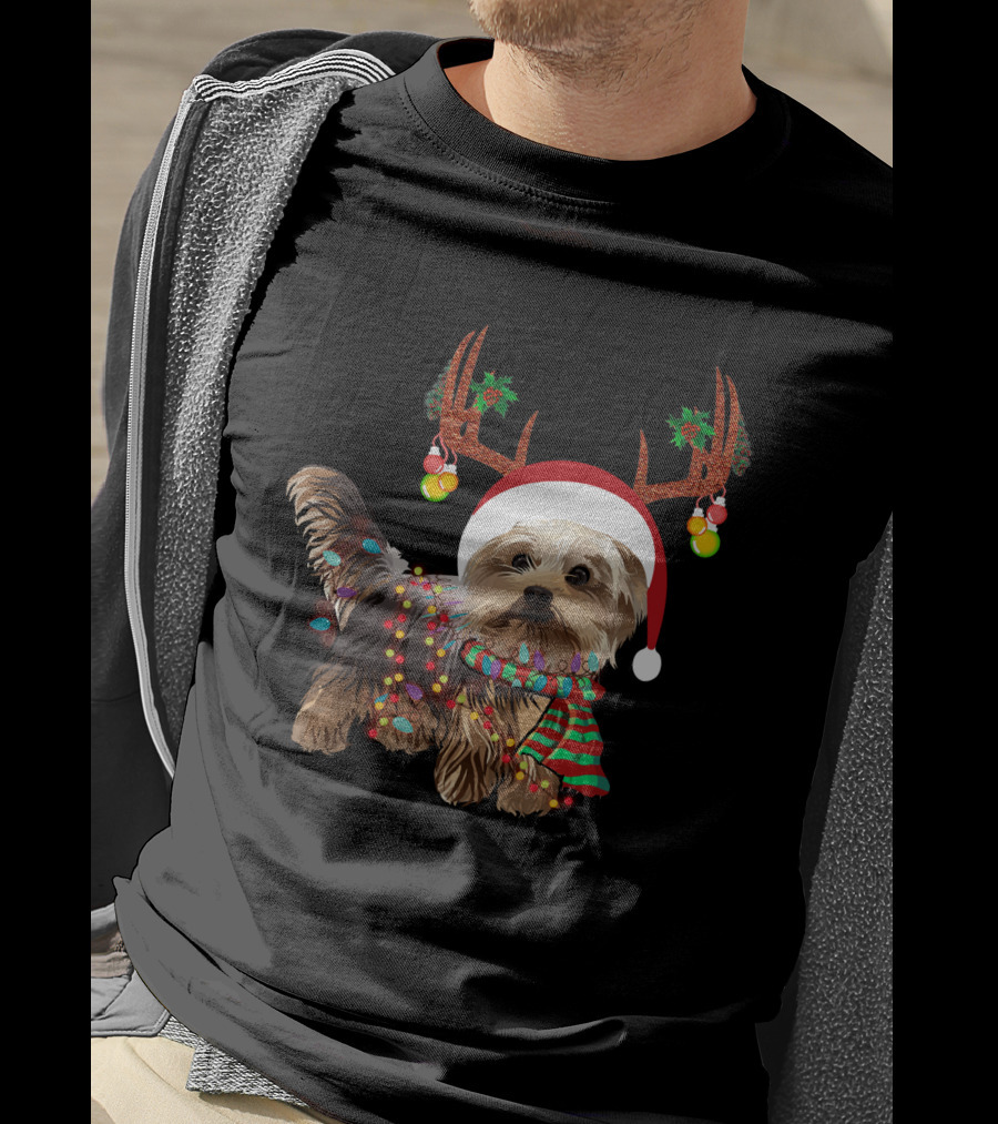 Christmas Cute Dog With Santa Hat And Reindeer Antlers T-Shirt