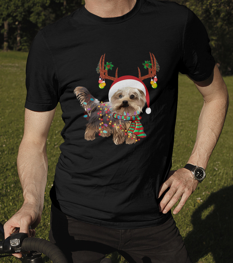 Christmas Cute Dog With Santa Hat And Reindeer Antlers T-Shirt