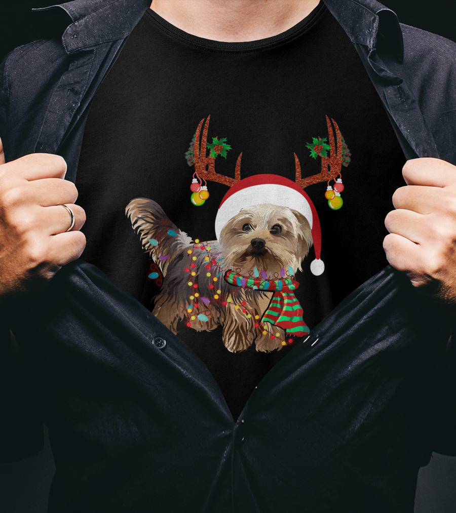 Christmas Cute Dog With Santa Hat And Reindeer Antlers T-Shirt