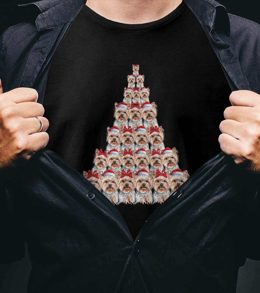 Christmas Yorkshire Terrier Santa Hat Tree T-Shirt