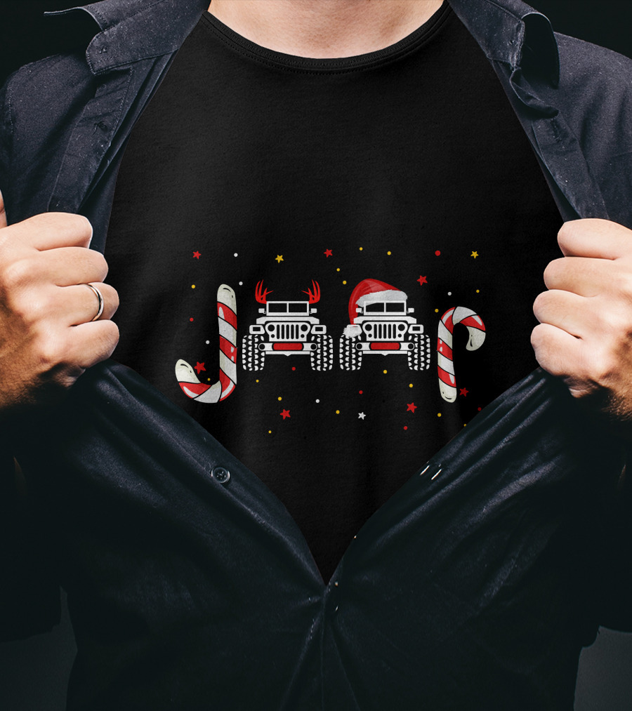 Jeep Christmas Candy Cane Reindeer Antlers Santa Hat T-Shirt