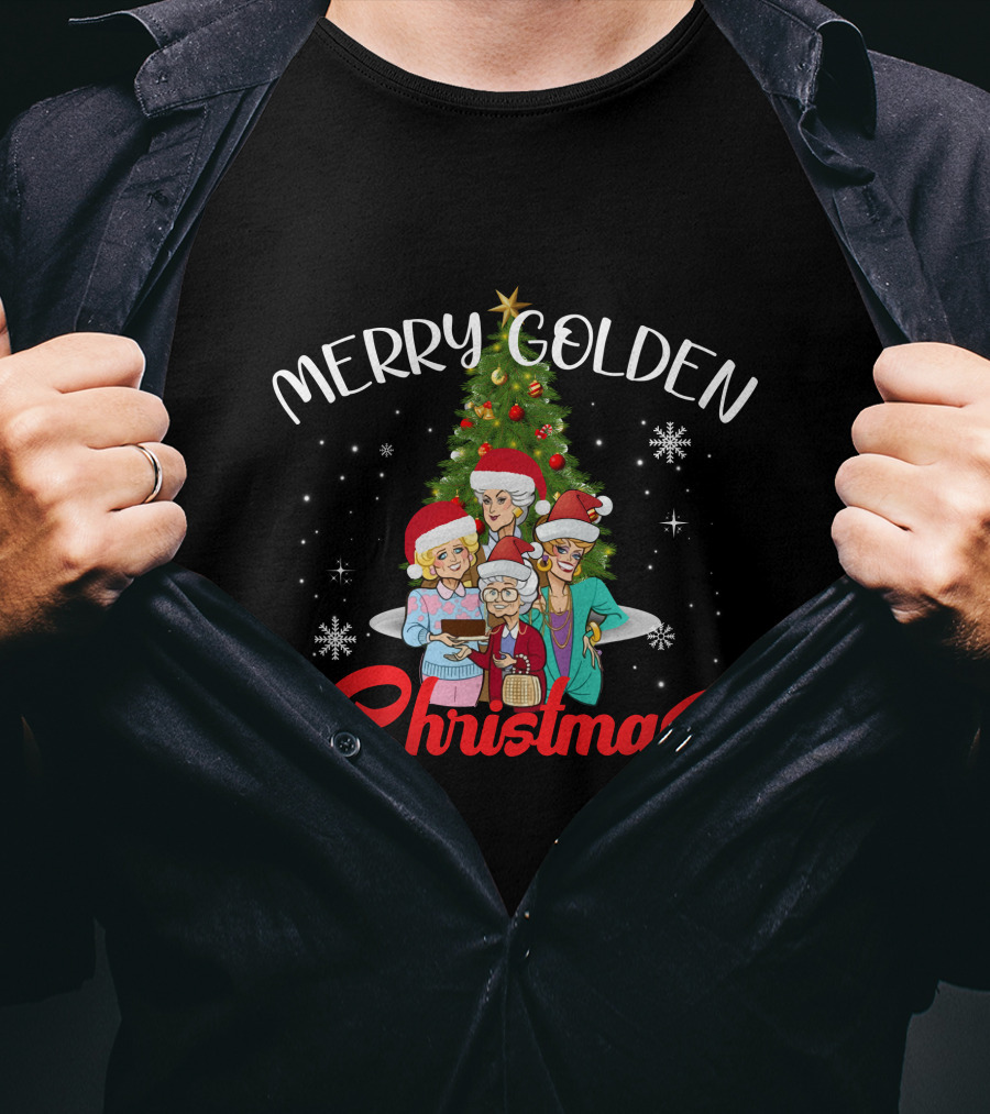Merry Golden Christmas Golden Girls Santa Hats Christmas Tree Snowflakes T-Shirt
