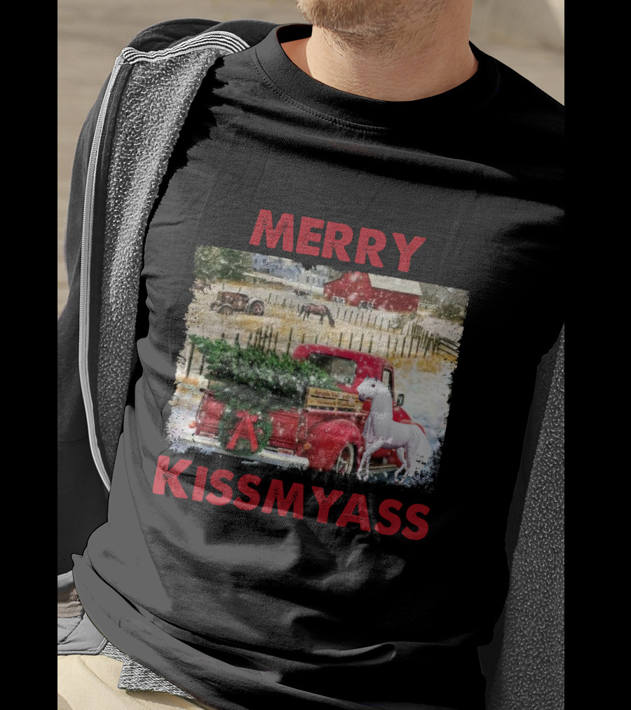 Merry Kissmyass Vintage Truck Christmas Scene With Horse In Snowy Farm Landscape T-Shirt