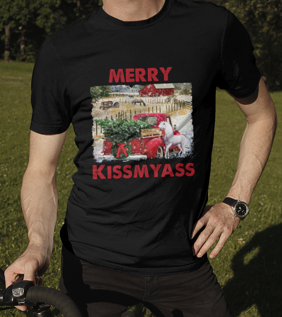 Merry Kissmyass Vintage Truck Christmas Scene With Horse In Snowy Farm Landscape T-Shirt