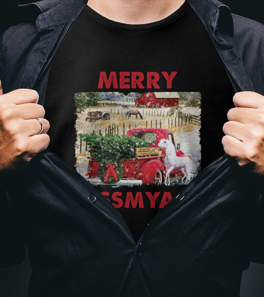 Merry Kissmyass Vintage Truck Christmas Scene With Horse In Snowy Farm Landscape T-Shirt
