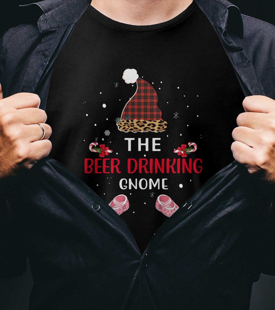 The Beer Drinking Gnome Christmas Hat Snow Candy Cane Shoes T-Shirt
