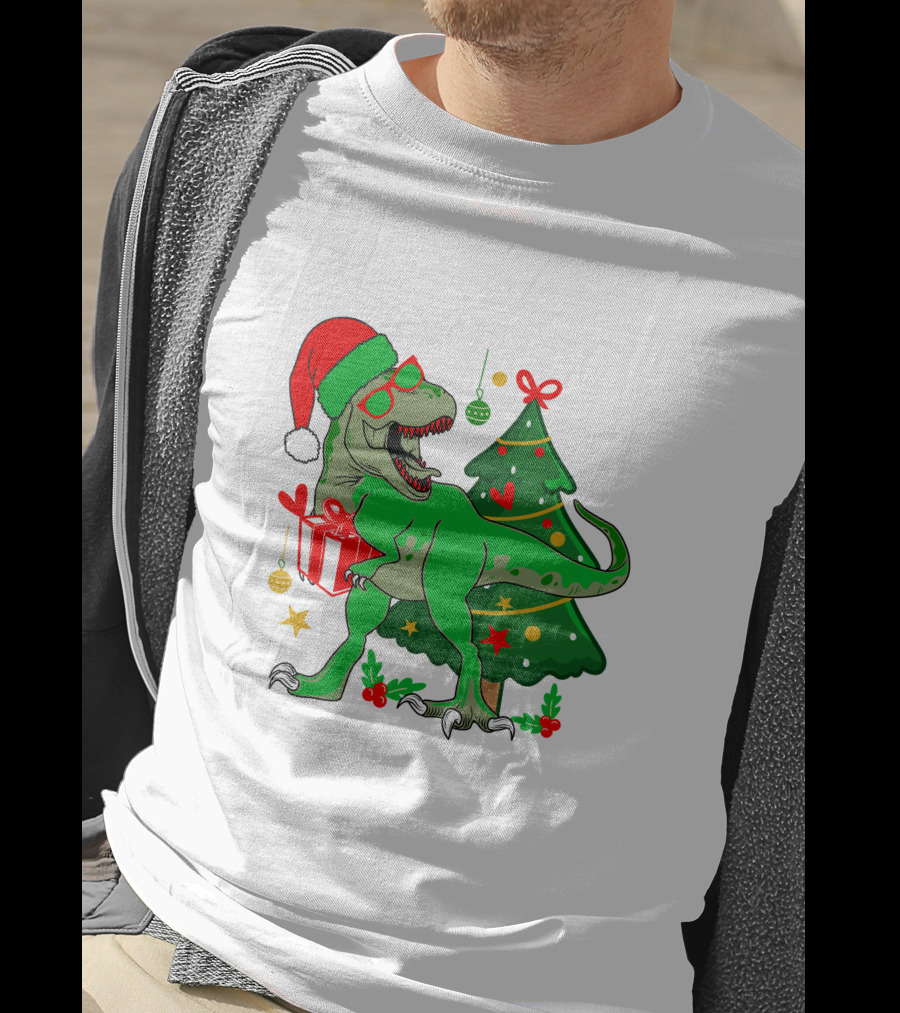 Christmas Dinosaur Santa With Tree And Gift T-Shirt