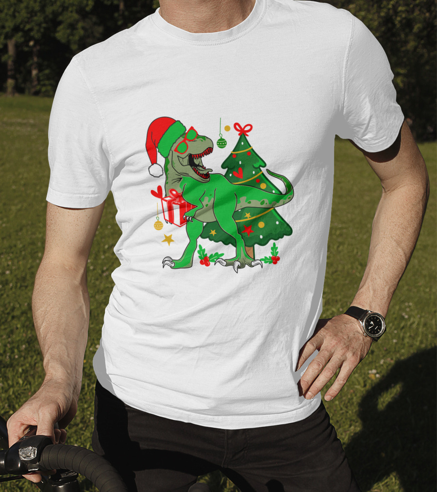 Christmas Dinosaur Santa With Tree And Gift T-Shirt