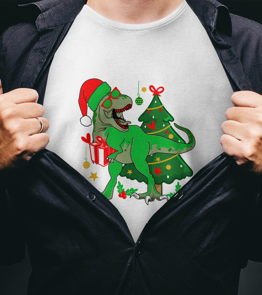 Christmas Dinosaur Santa With Tree And Gift T-Shirt