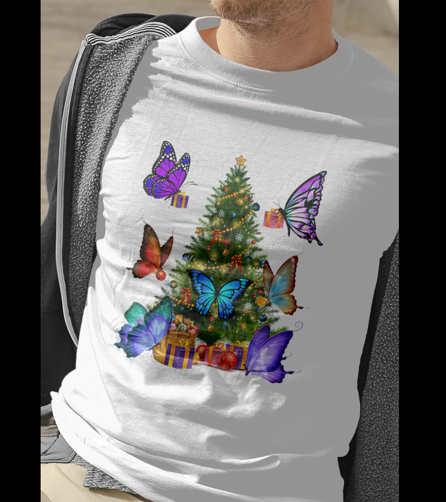 Butterfly Christmas Tree With Colorful Presents And Butterflies T-Shirt