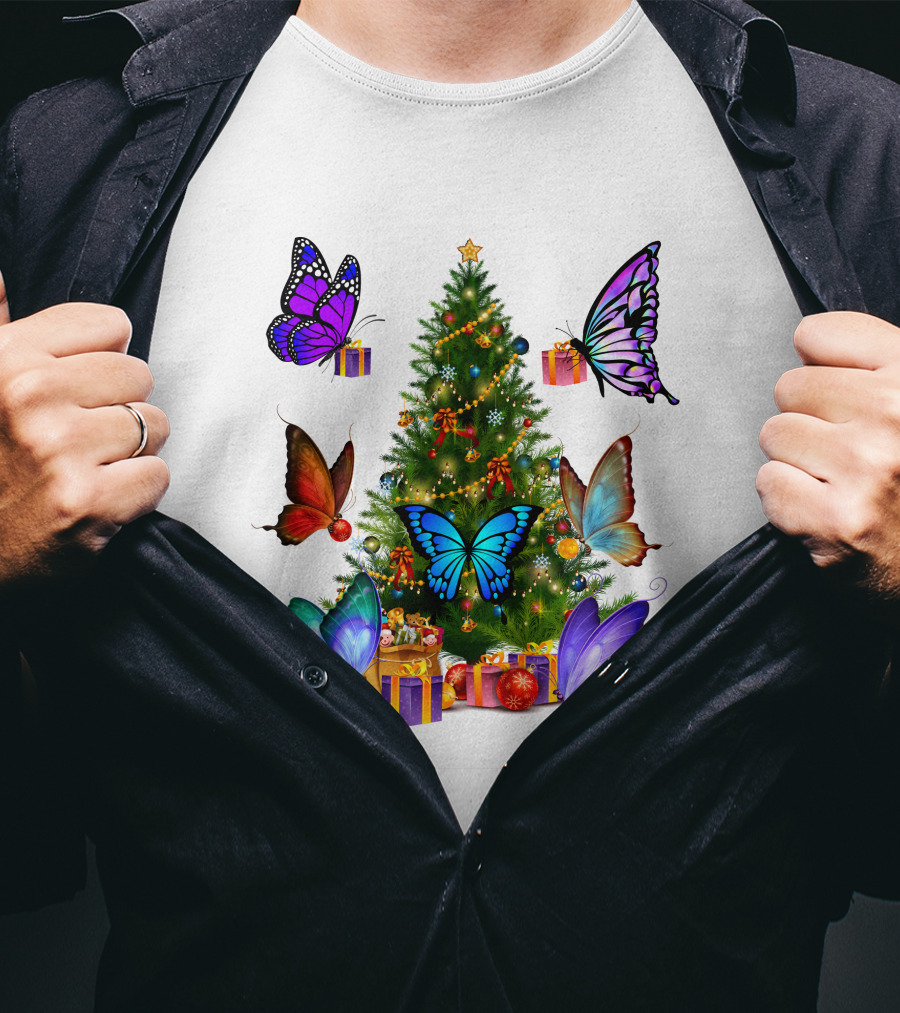 Butterfly Christmas Tree With Colorful Presents And Butterflies T-Shirt