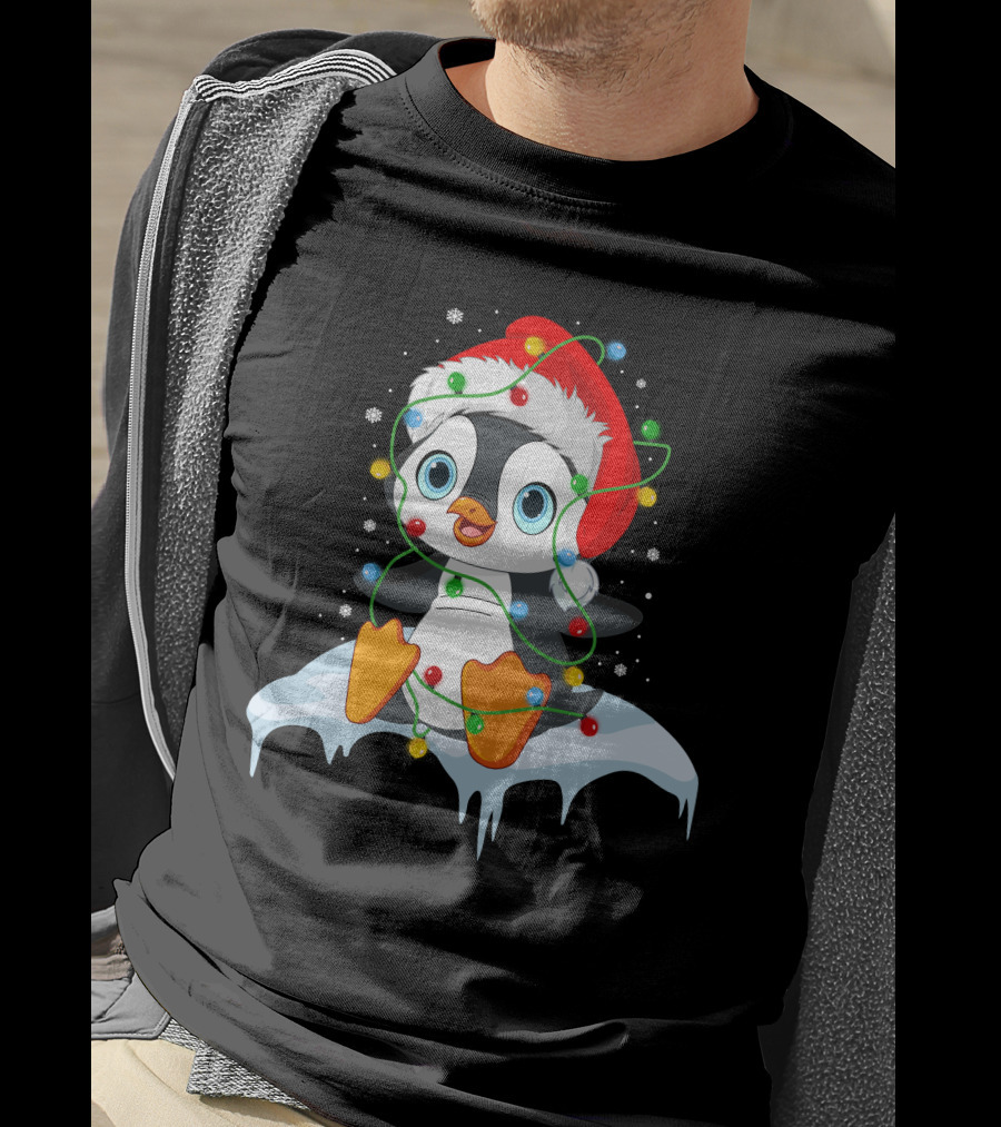 Baby Penguin Santa Christmas Lights Snowflakes T-Shirt