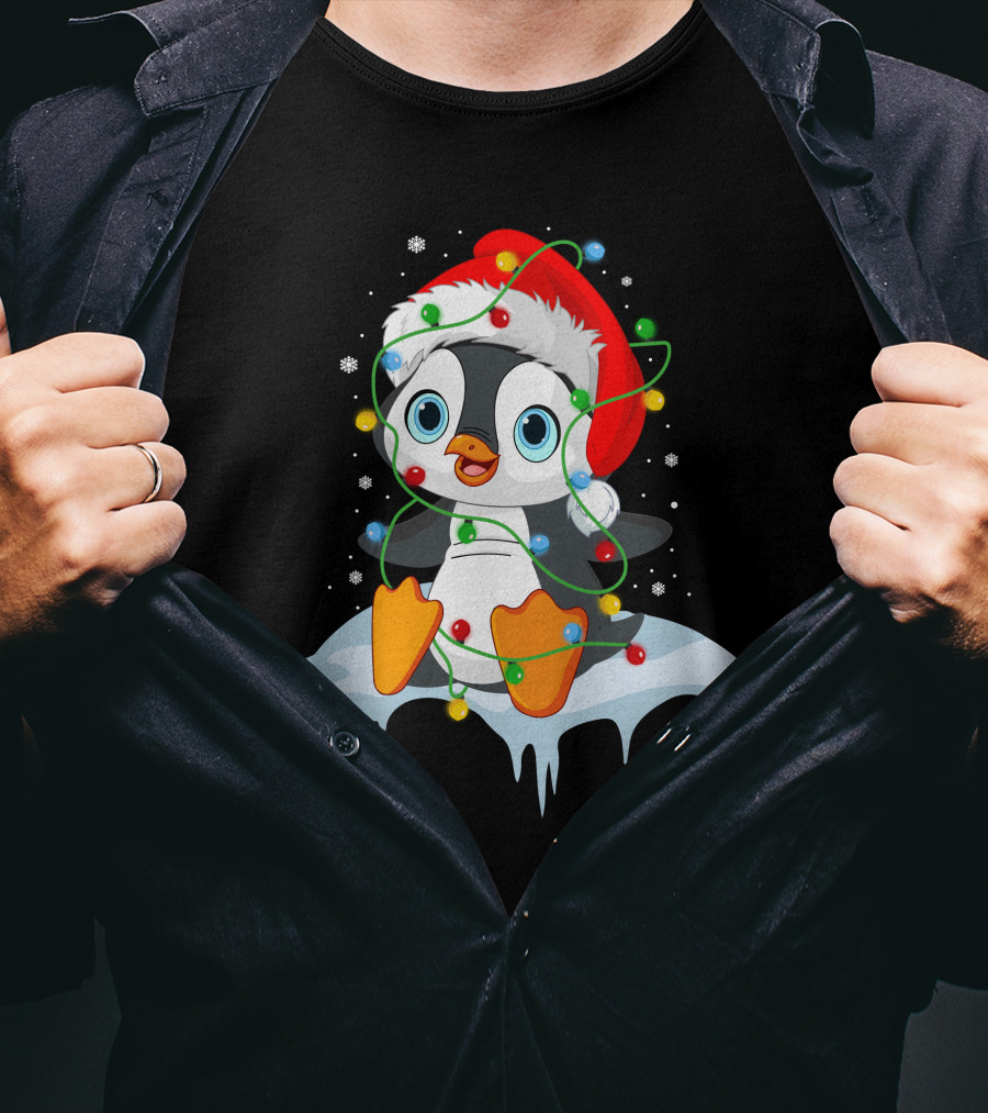 Baby Penguin Santa Christmas Lights Snowflakes T-Shirt