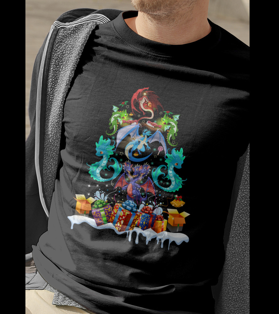 Christmas Dragon Family With Gift Boxes And Snowy Scene T-Shirt