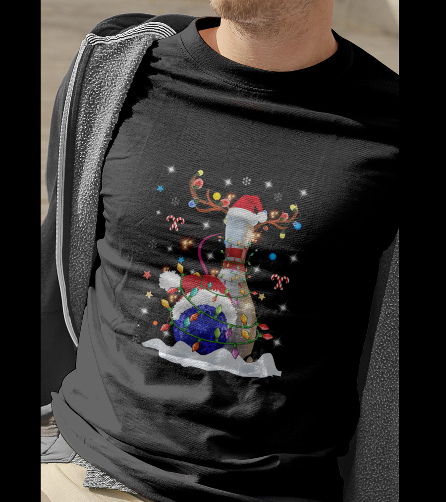 Christmas Bowling Pin With Lights And Santa Hats T-Shirt