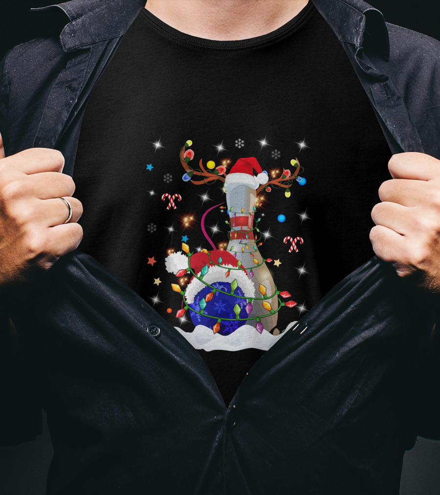 Christmas Bowling Pin With Lights And Santa Hats T-Shirt