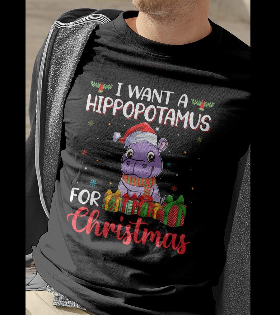 I Want A Hippopotamus For Christmas Santa Hat Present Boxes T-Shirt