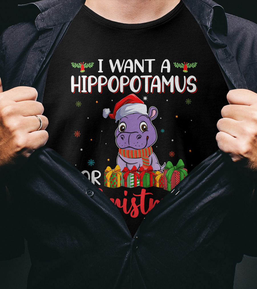 I Want A Hippopotamus For Christmas Santa Hat Present Boxes T-Shirt