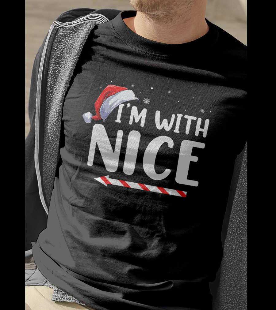 I'm With Nice Christmas Santa Hat Candy Cane Arrow T-Shirt