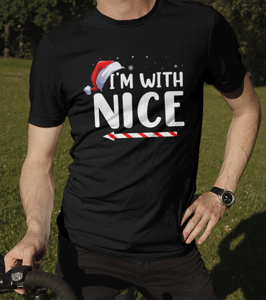 I'm With Nice Christmas Santa Hat Candy Cane Arrow T-Shirt