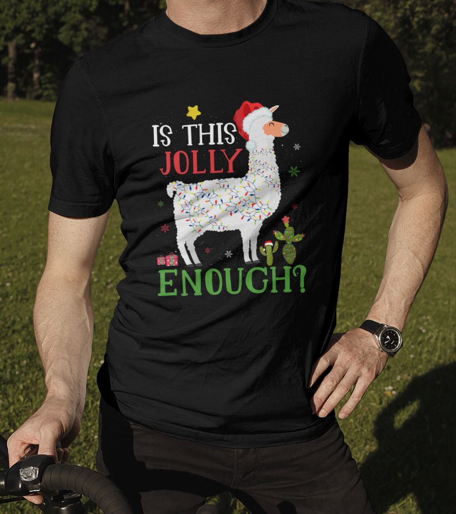 Is This Jolly Enough Christmas Lights Llama Santa Hat T-Shirt