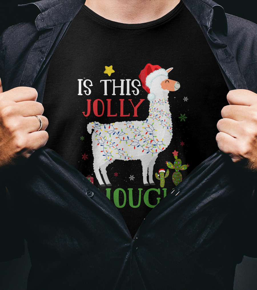 Is This Jolly Enough Christmas Lights Llama Santa Hat T-Shirt