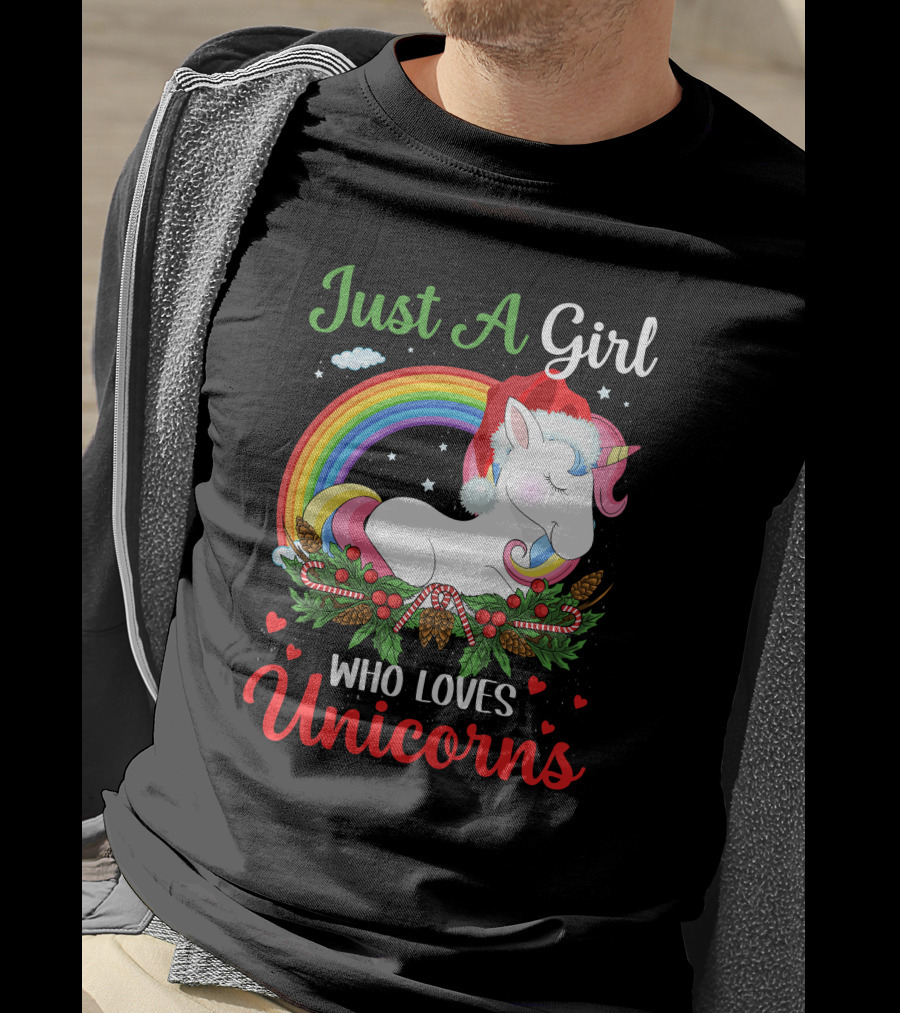 Just A Girl Who Loves Unicorns Rainbow Christmas Santa Hat T-Shirt