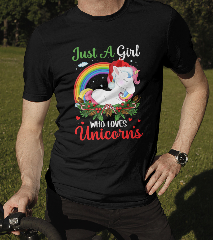Just A Girl Who Loves Unicorns Rainbow Christmas Santa Hat T-Shirt