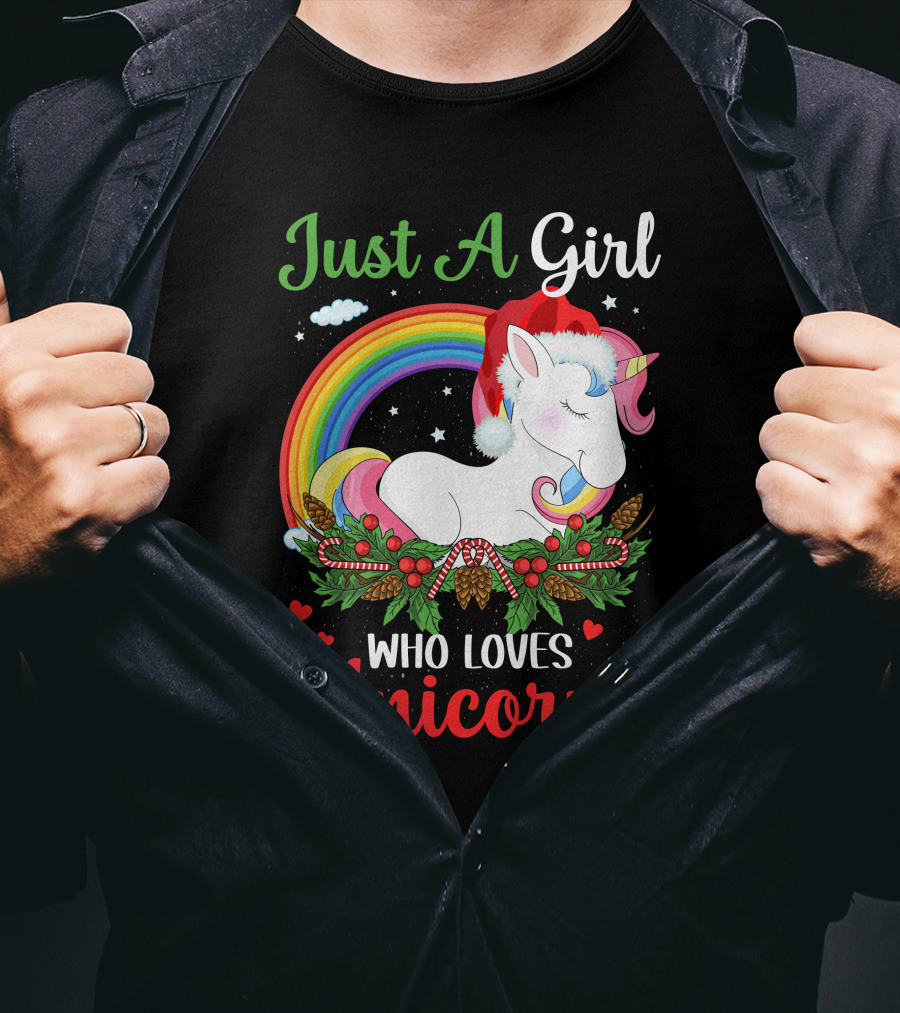 Just A Girl Who Loves Unicorns Rainbow Christmas Santa Hat T-Shirt
