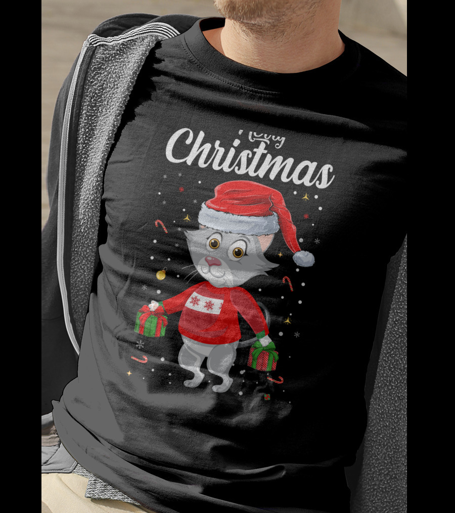 Merry Christmas Catboy With Santa Hat And Gifts T-Shirt