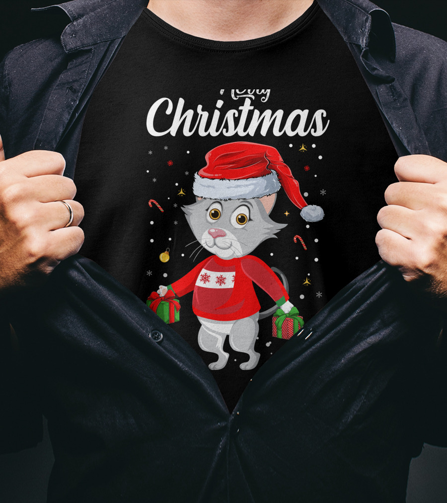 Merry Christmas Catboy With Santa Hat And Gifts T-Shirt