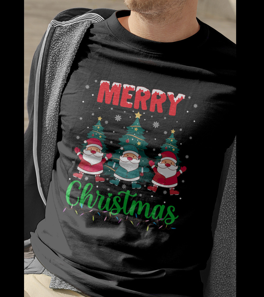 Merry Christmas Santa Gnome Snowflakes Trees Stars Lights T-Shirt