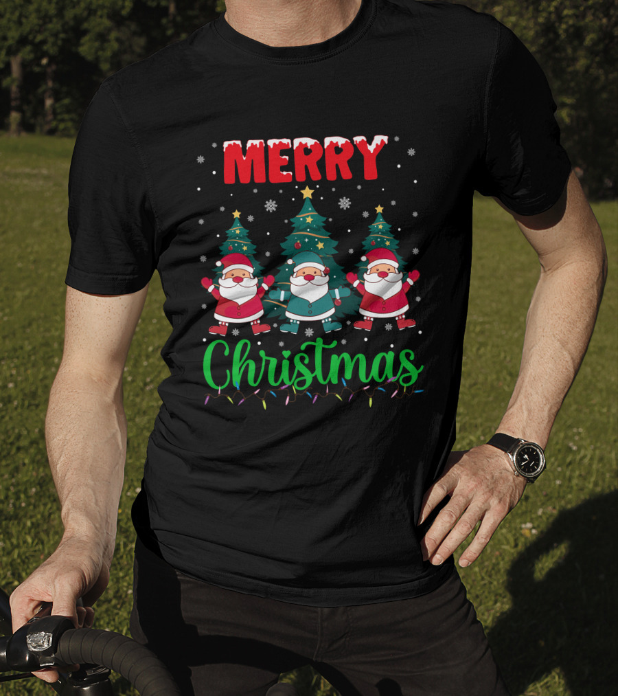 Merry Christmas Santa Gnome Snowflakes Trees Stars Lights T-Shirt