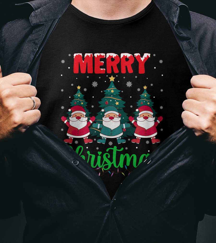 Merry Christmas Santa Gnome Snowflakes Trees Stars Lights T-Shirt