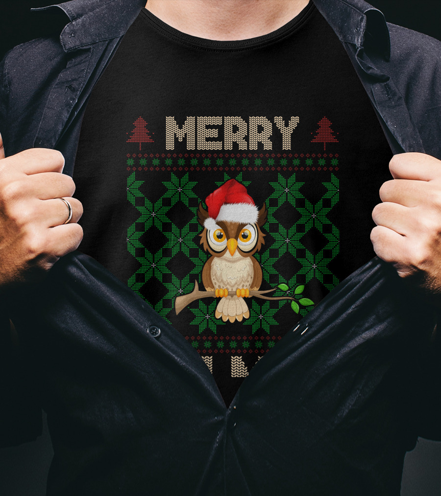 Merry Christmas Owl With Santa Hat And Knitted Tree T-Shirt
