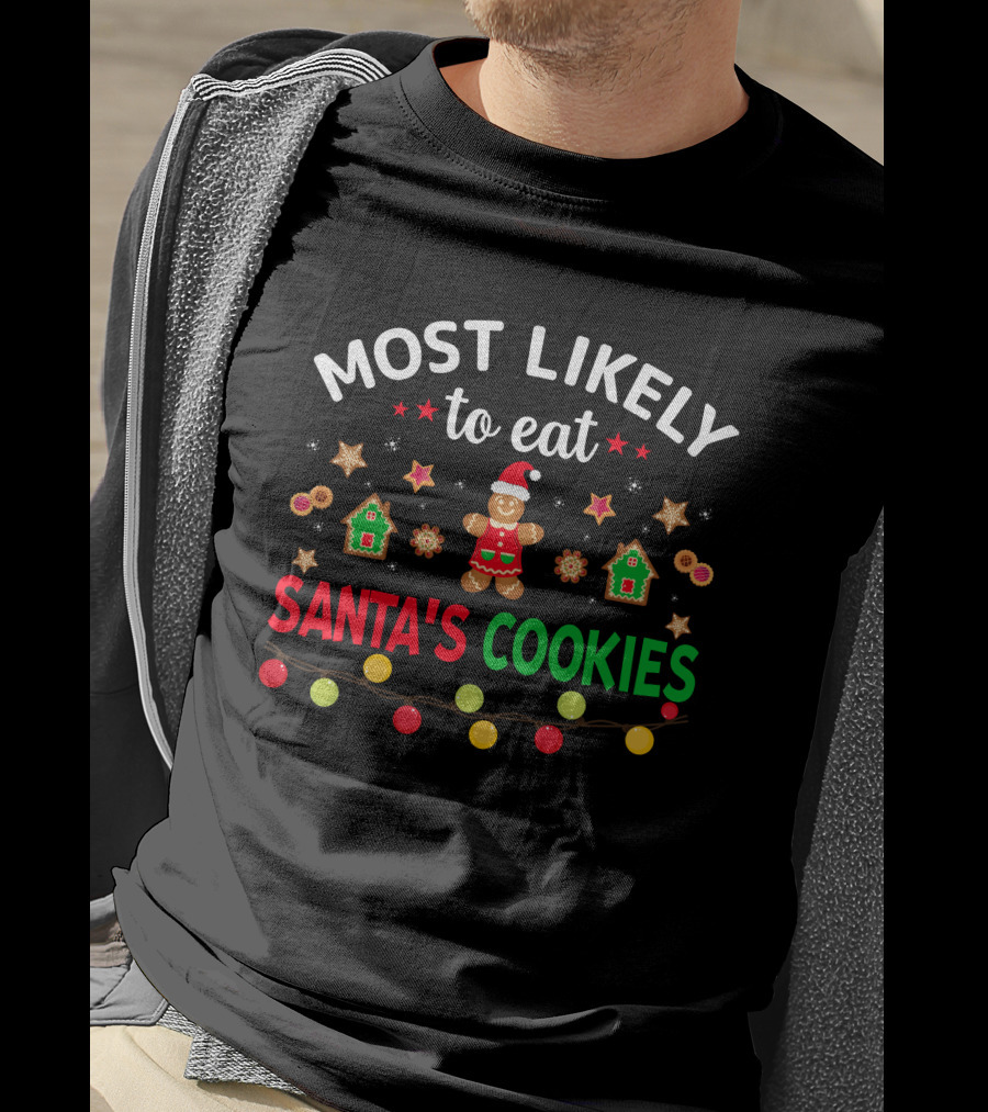 Most Likely To Eat Santa's Cookies Gingerbread Garland Christmas Lights T-Shirt