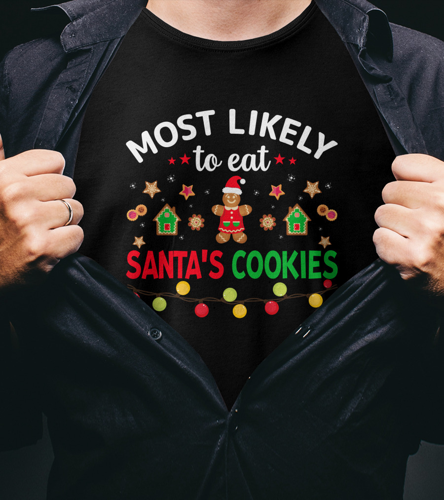 Most Likely To Eat Santa's Cookies Gingerbread Garland Christmas Lights T-Shirt
