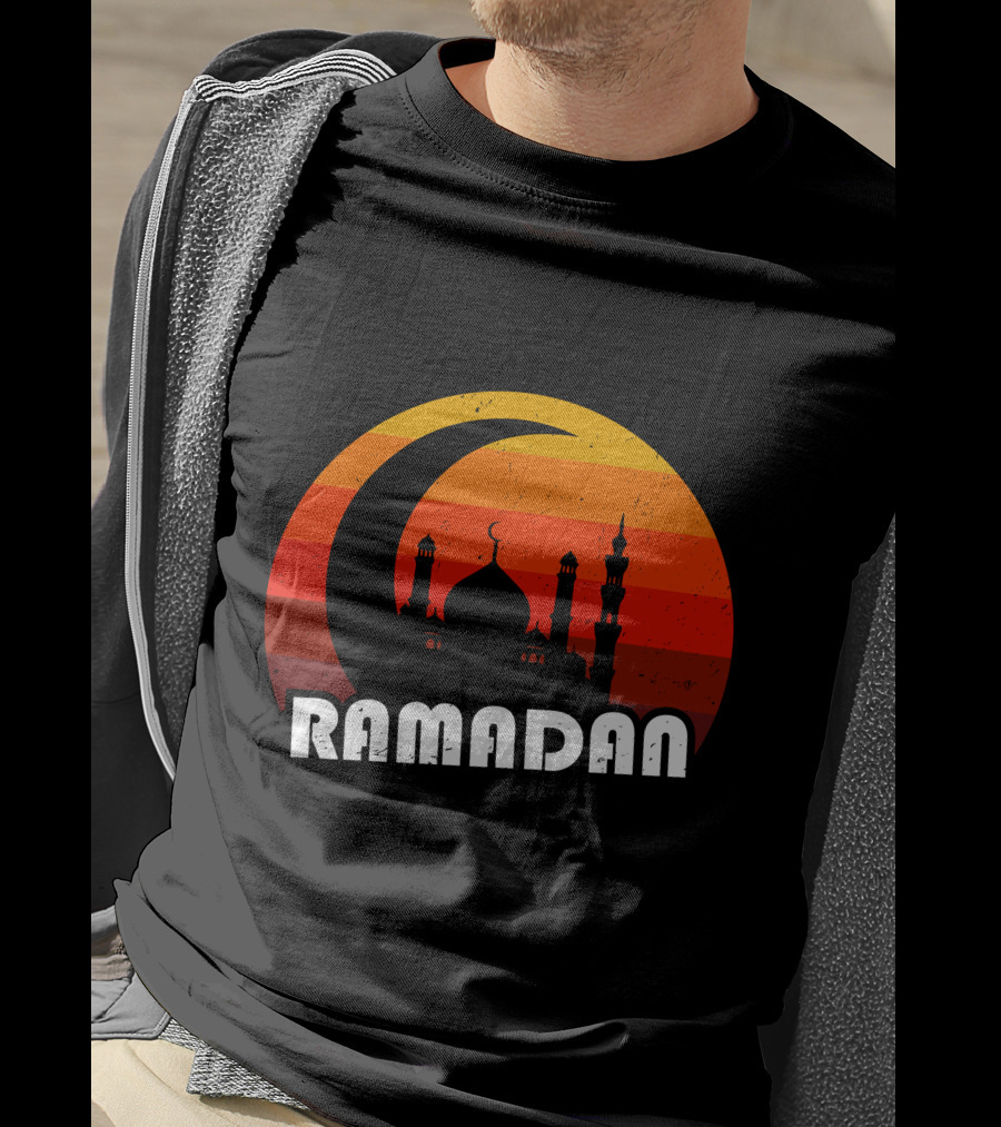 Ramadan Mosque Silhouette Crescent Moon Sunset Background T-Shirt