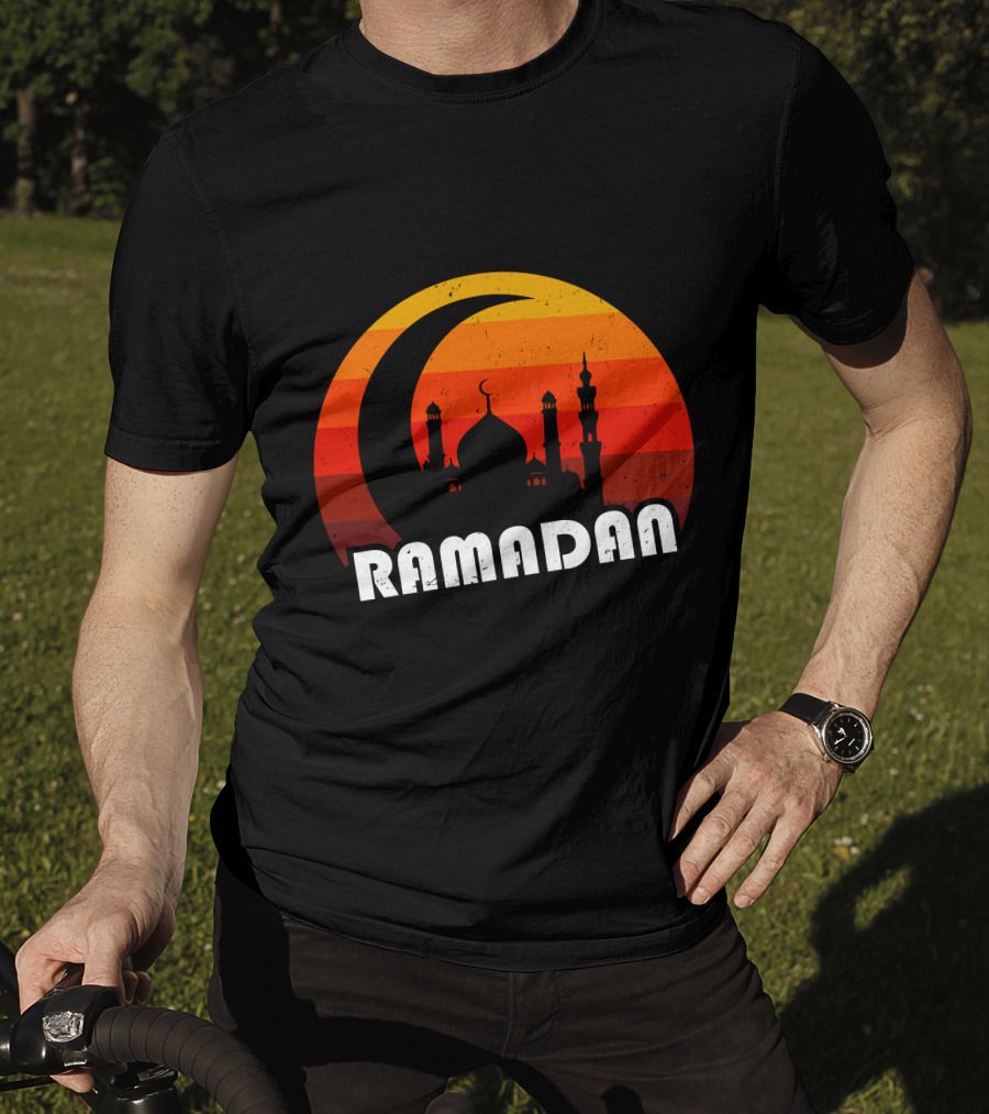 Ramadan Mosque Silhouette Crescent Moon Sunset Background T-Shirt