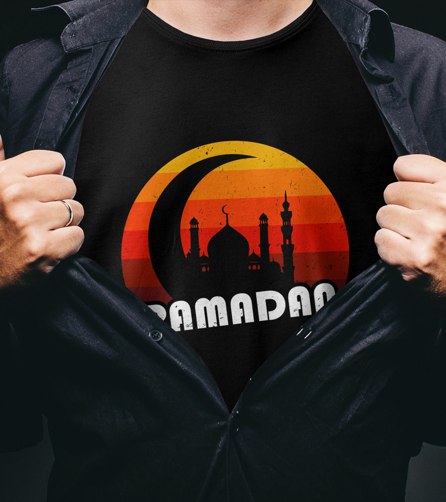 Ramadan Mosque Silhouette Crescent Moon Sunset Background T-Shirt