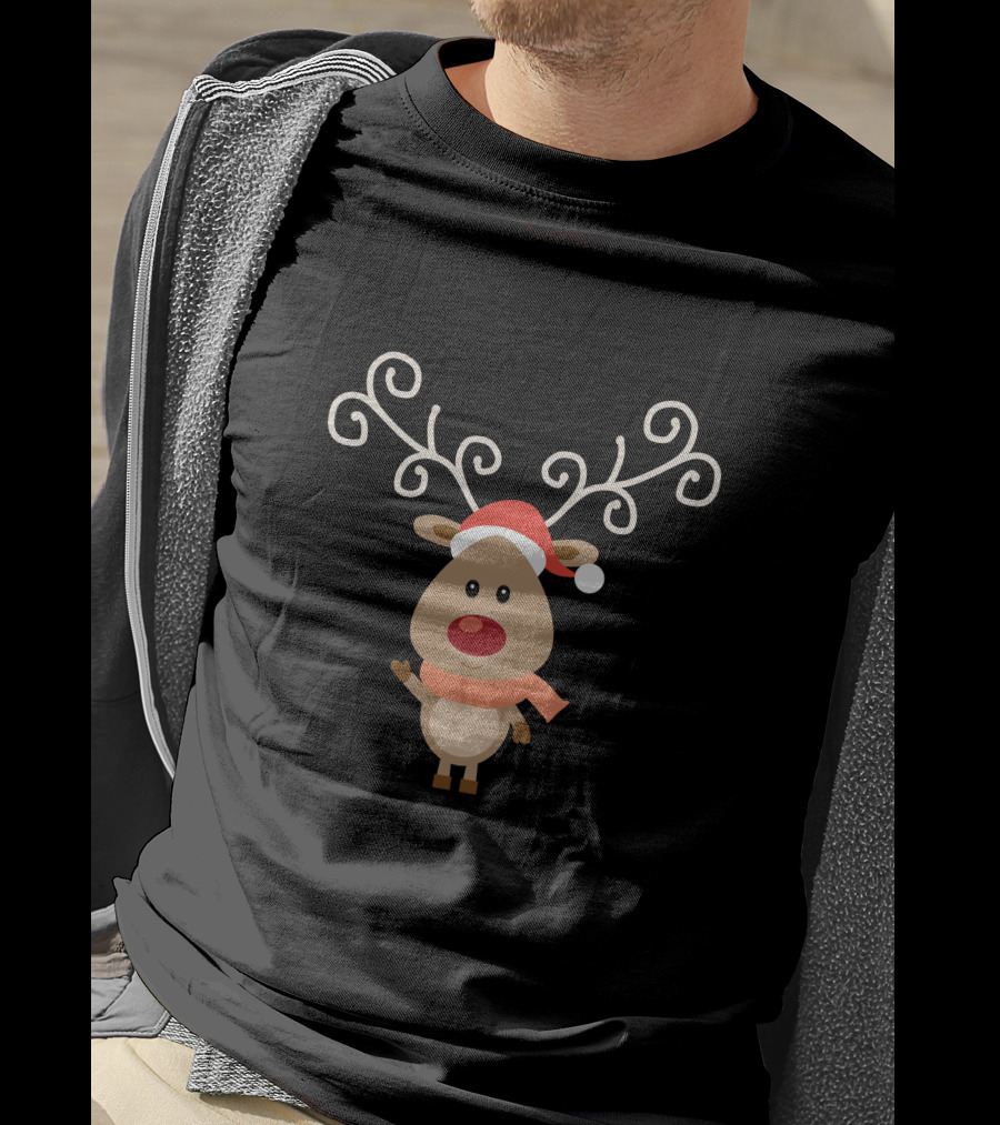 Christmas Reindeer Wear Scarf Cute Cartoon With Santa Hat T-Shirt