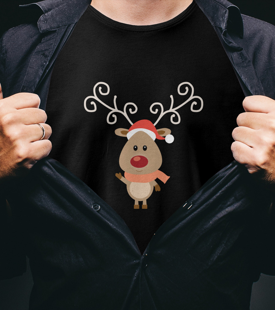 Christmas Reindeer Wear Scarf Cute Cartoon With Santa Hat T-Shirt